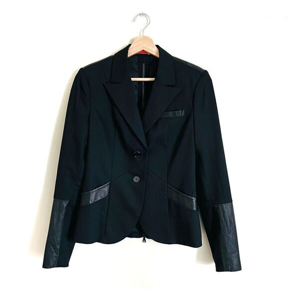 Alice + Olivia Black Real Leather Combination Back Zip Blazer Size M Button Moto - Picture 1 of 10